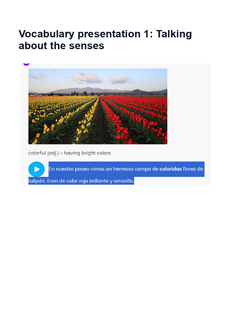 Vocabulary Presentation 1 - Talking About The Senses | PDF