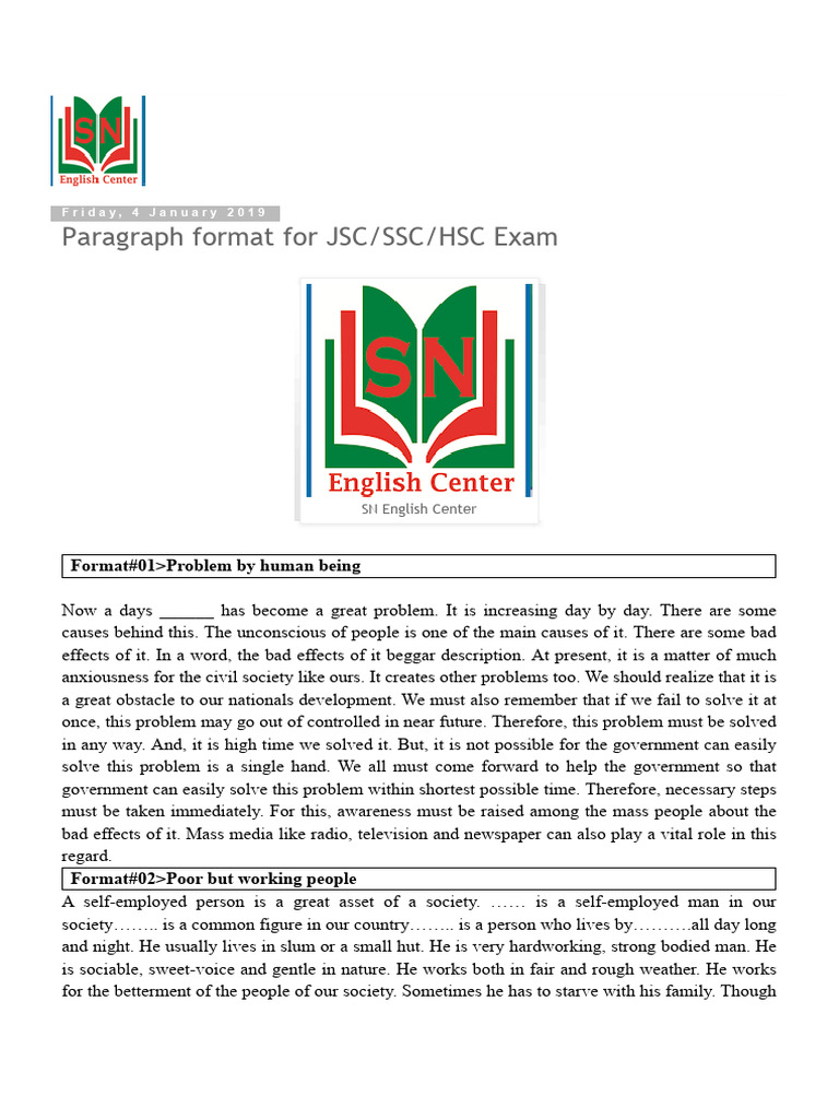 SN English Center- Paragraph Format for JSC-SSC-HSC Exam | PDF
