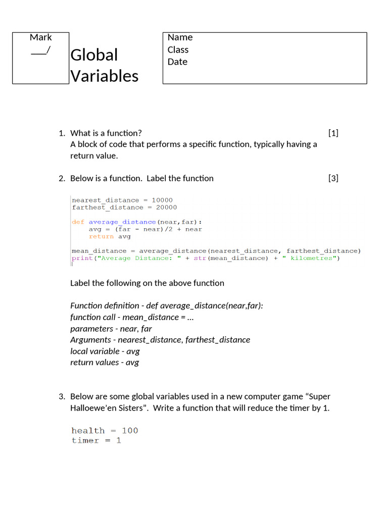Global Variables Worksheet 1 1 | PDF | Parameter (Computer Programming ...