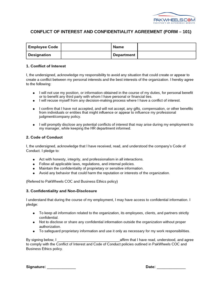 Conflict of Interest & Confidentiality Agreement | PDF | Conflict Of ...