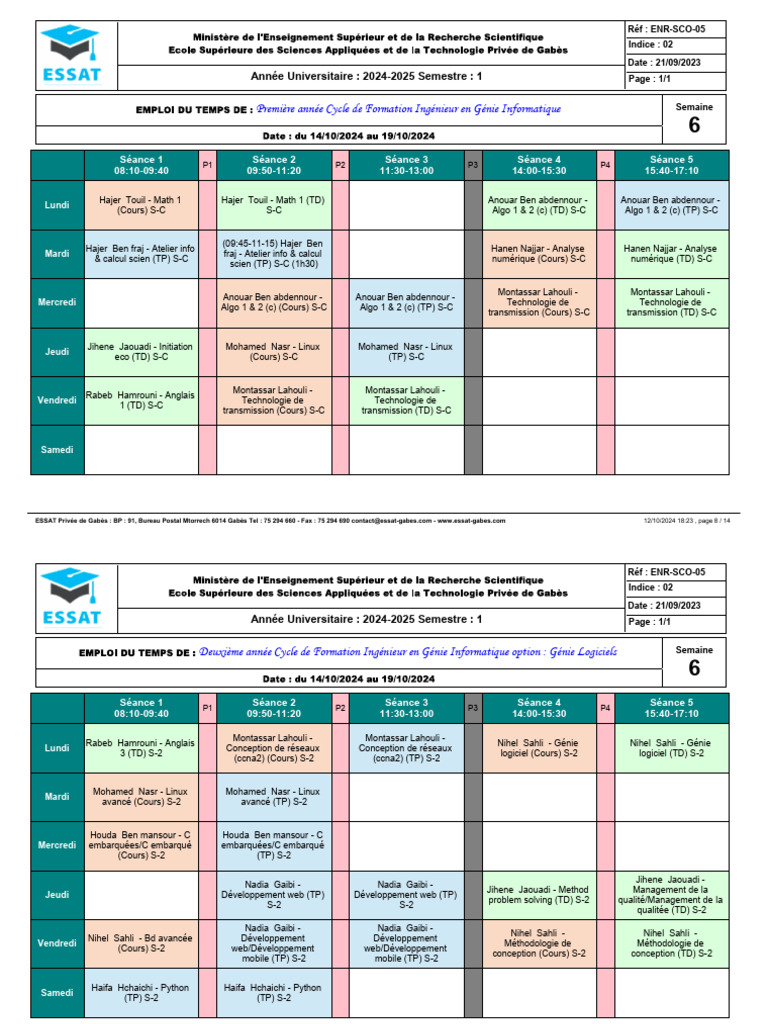 Emploi du temps Génie Informatique 2024-2025 | PDF | Secteurs du ...