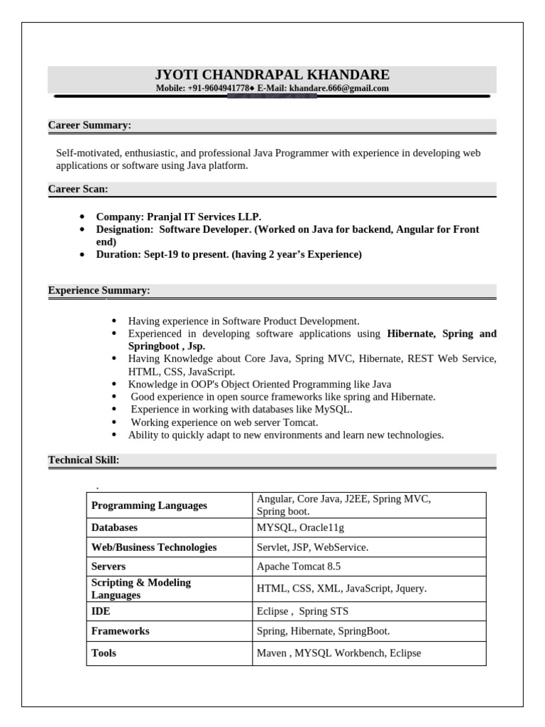 Java Programmer Resume of Jyoti Khandare | PDF | Spring Framework ...