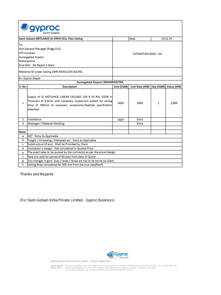 Metlance GI Linear Ceiling Quotation | PDF
