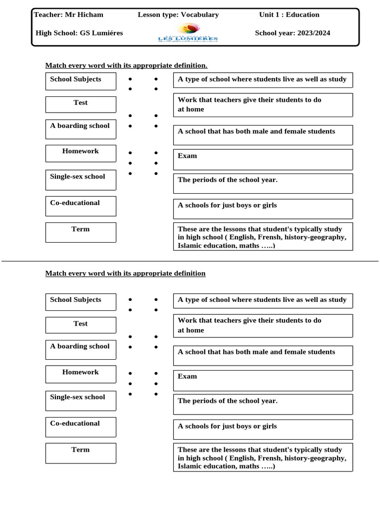 Vocabulary Definitions for School Terms | PDF