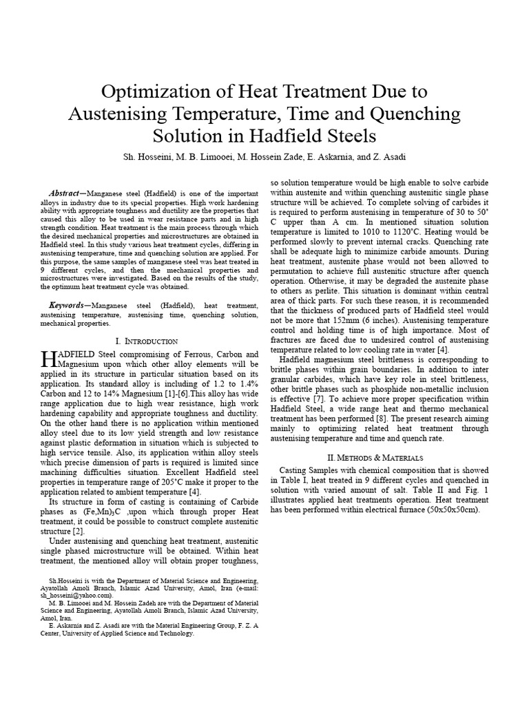 Optimizing Heat Treatment of Hadfield Steel | PDF | Heat Treating | Steel