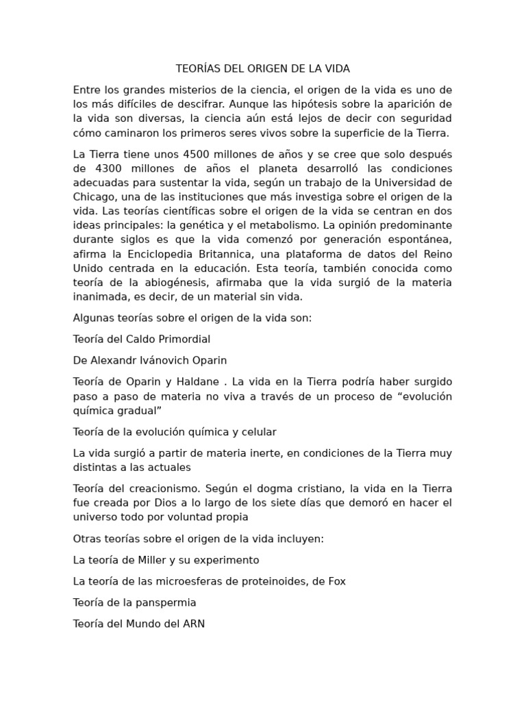 Teorías sobre el Origen de la Vida | PDF