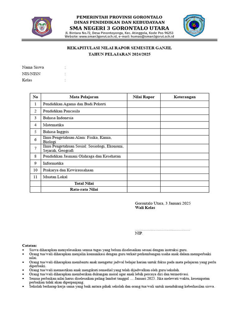 Rekap Nilai Rapor Semester Ganjil 2024/2025 | PDF