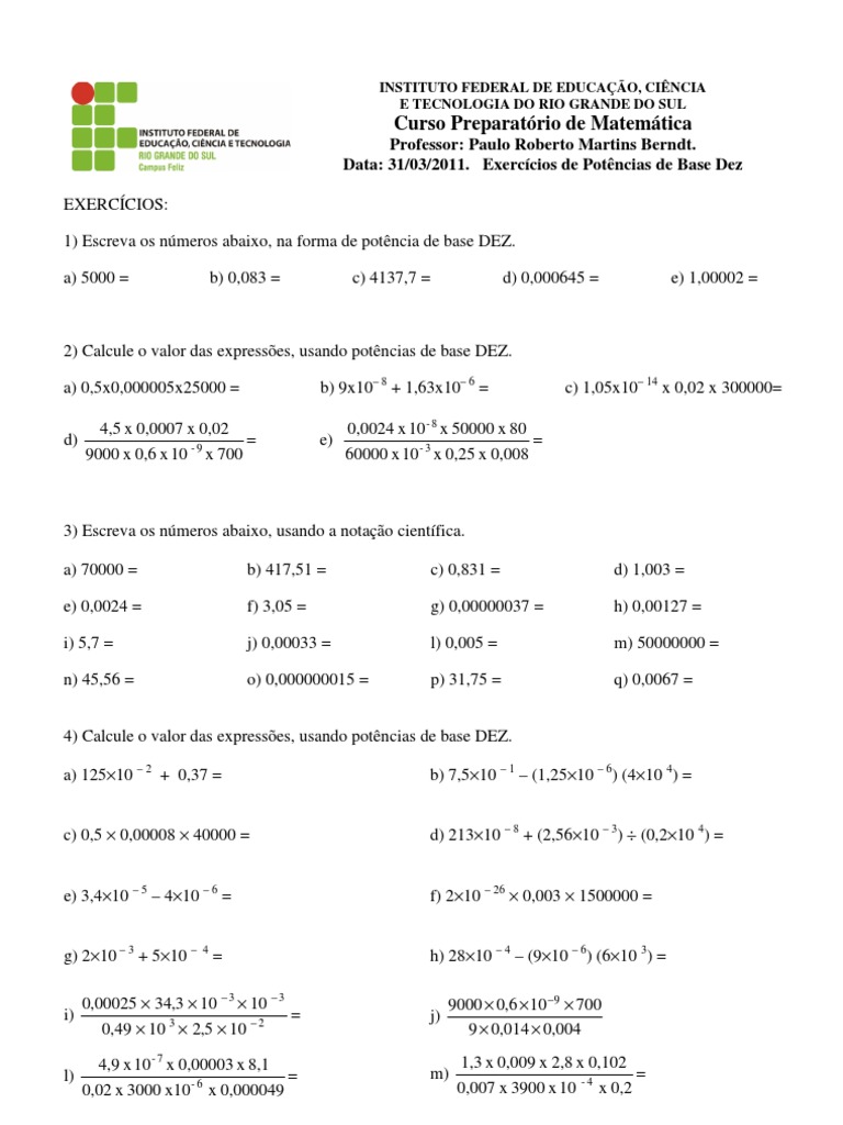 Exercícios de Potências de Base Dez | PDF | Métodos e Materiais de Ensino