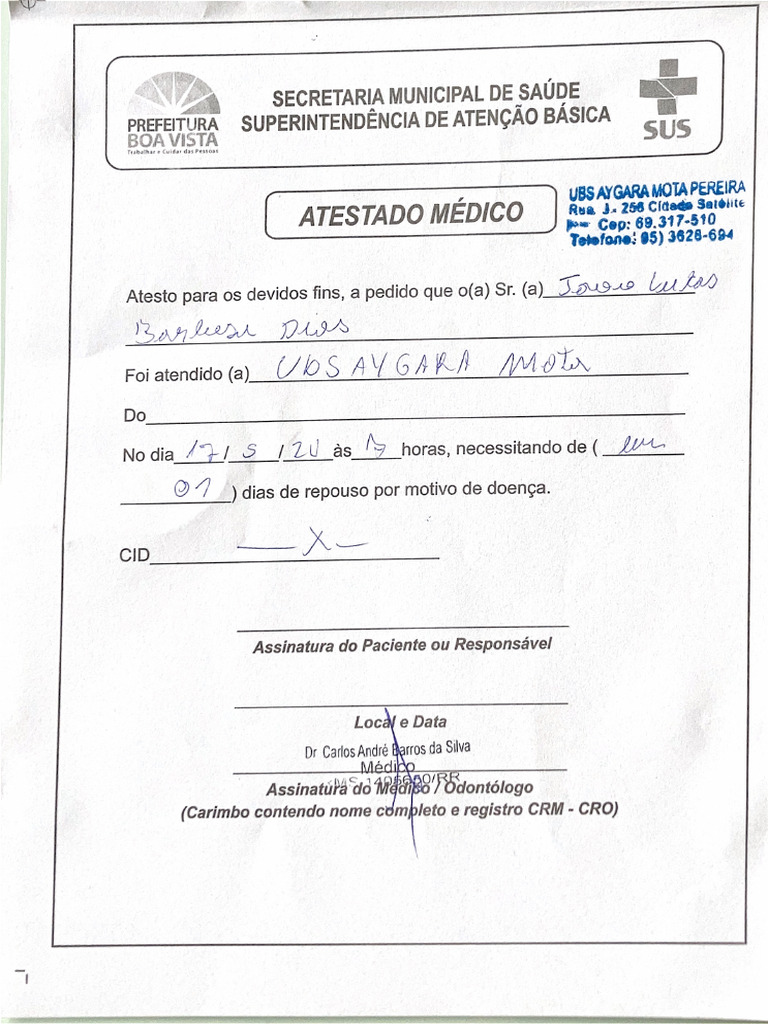 Atestado médico João Lucas Barbosa Dias 3 | PDF