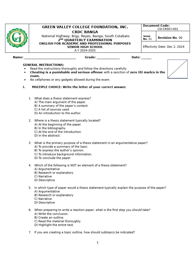 EAPP 2ND QUARTER EXAM | PDF | Thesis | Argument