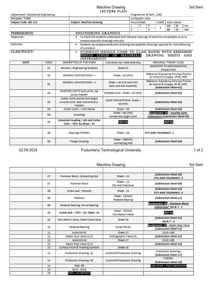 001_Lecture Plan_(2024-25)_Machine Drawing | PDF | Mechanical Engineering