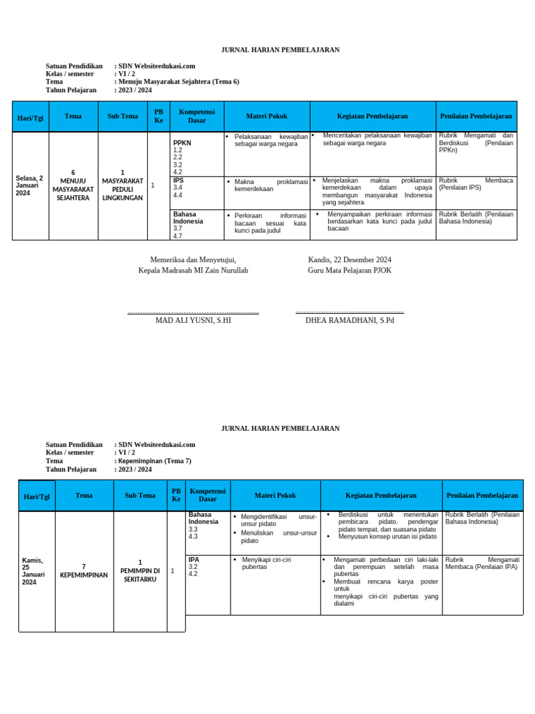 Jurnal Harian Kelas 6 Kurikulum Merdeka | PDF