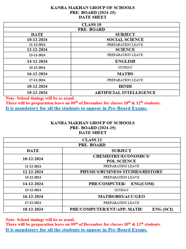 Class 10 Pre-Board Exam Schedule 2024 | PDF