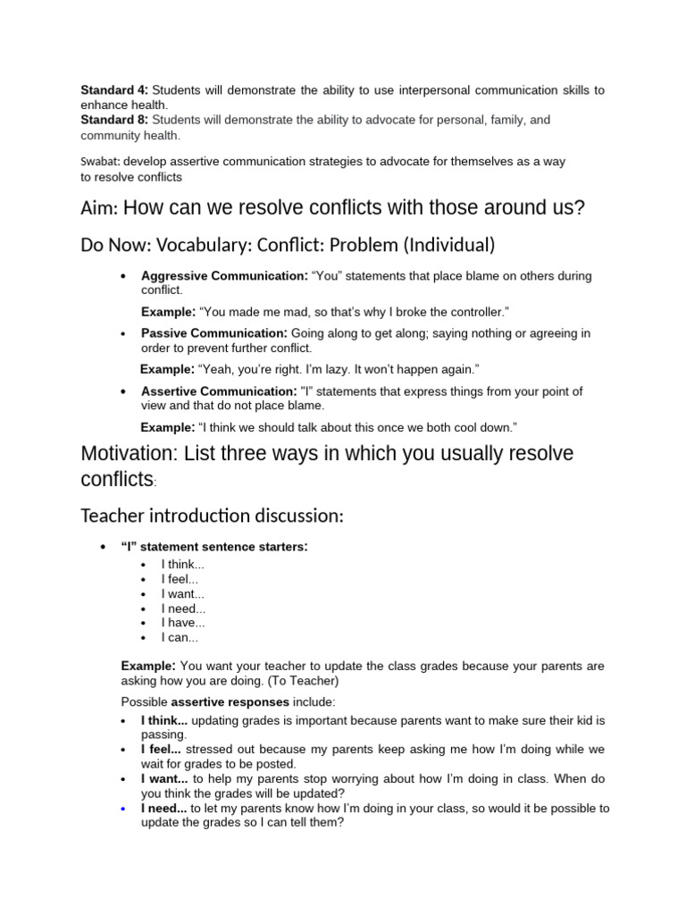 Health Lesson Conflict Resolution | PDF | Cognition | Social Psychology
