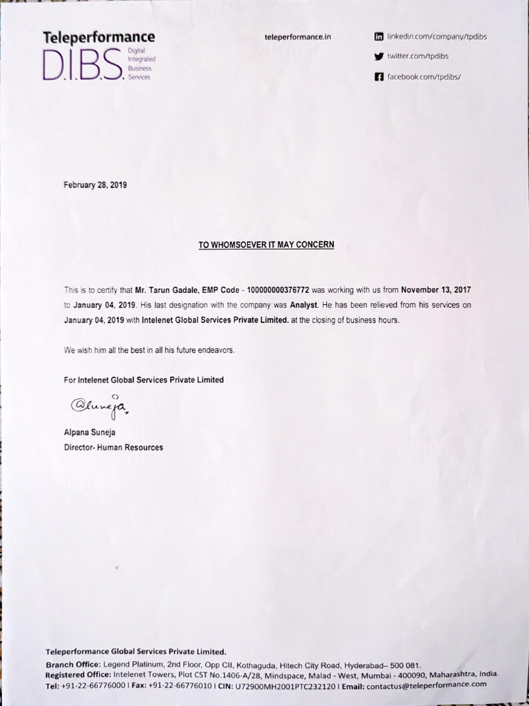 Job Relieving Letter | PDF