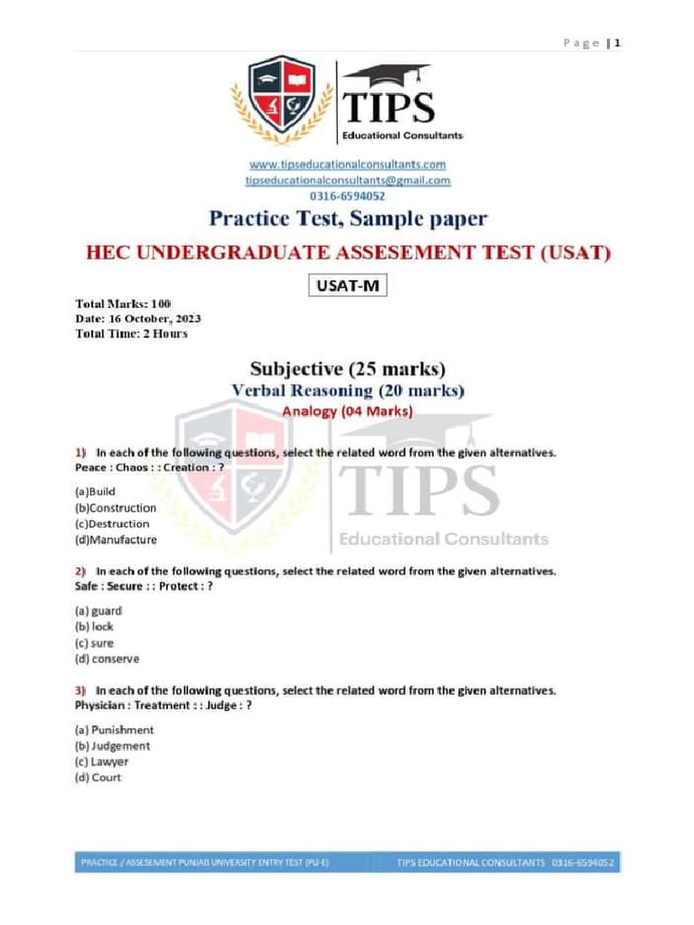 USAT Mock Paper 16 October, 2023 | PDF