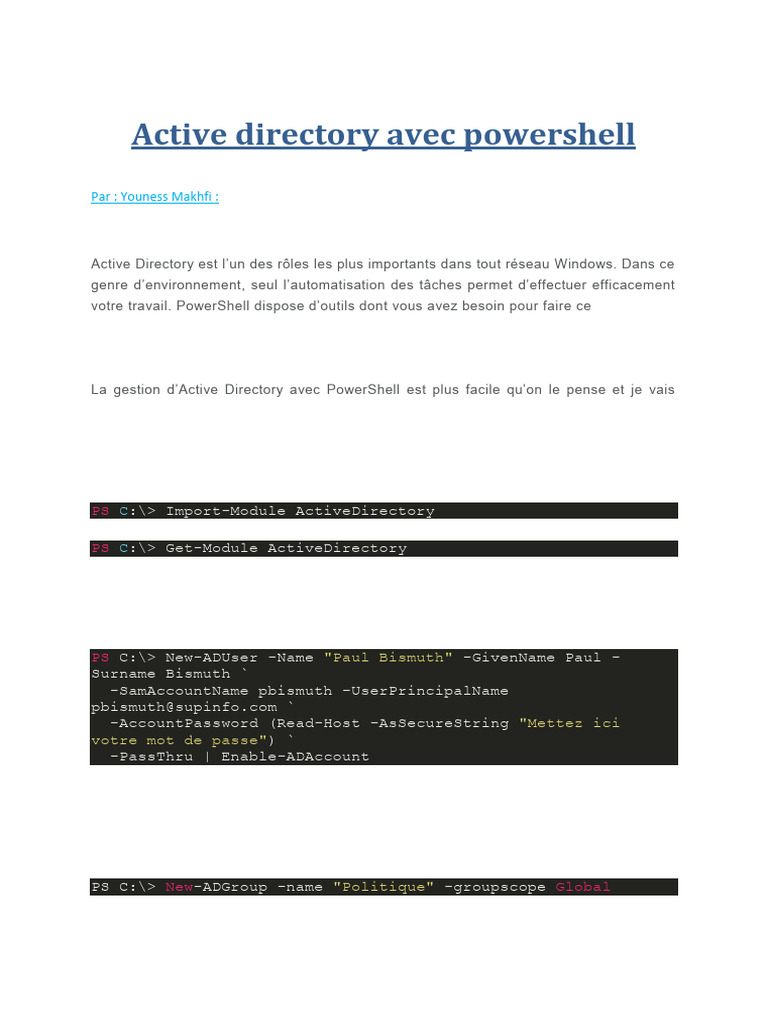 Gestion d'Active Directory avec PowerShell | PDF | Active Directory ...