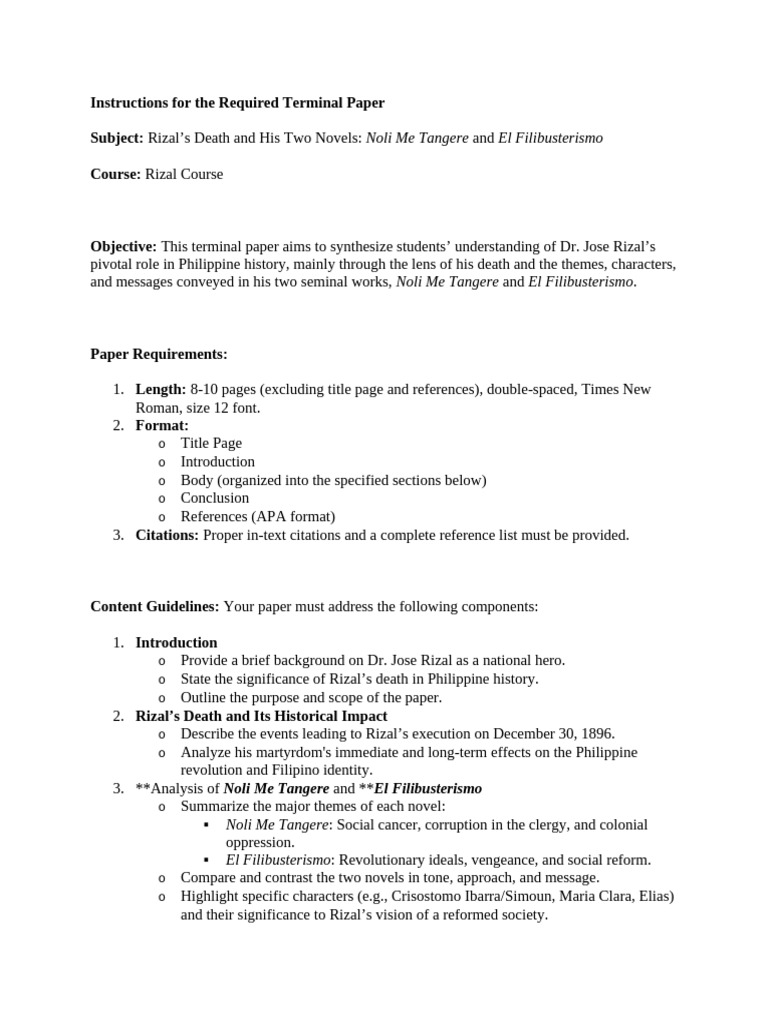 Rizal Course - Instructions For The Required Terminal Paper | PDF