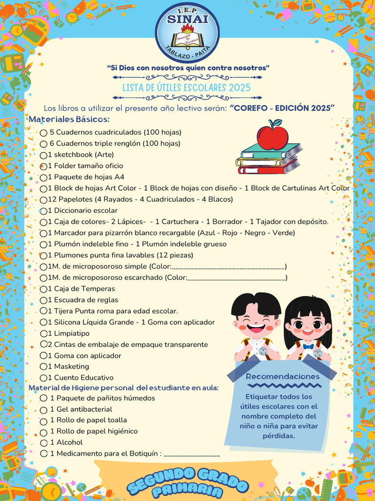 Lista de útiles escolares 2025 - 2do grado | PDF