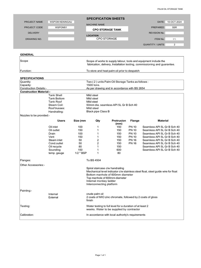 Specification - CPO Tank 1500MT | PDF | Pipe (Fluid Conveyance)