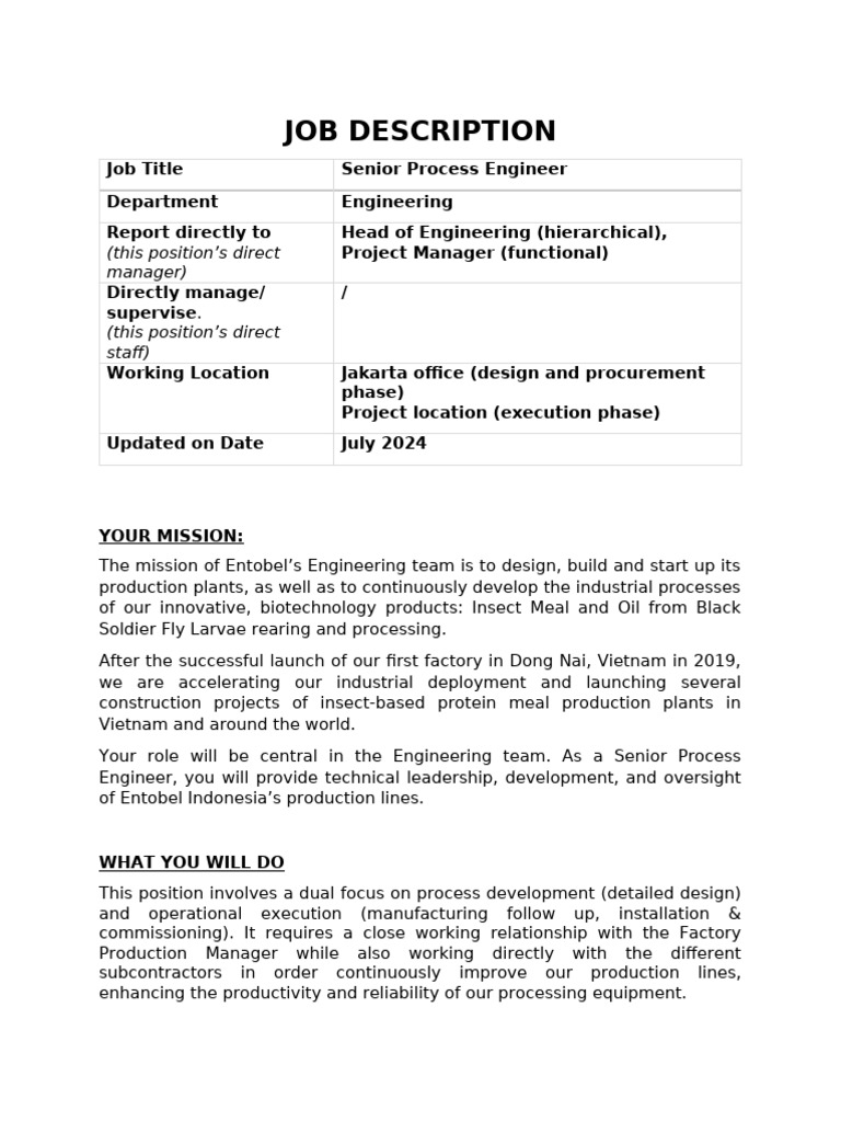 JD - Senior Process Engineer - Indonesia - Rev4 | PDF | Engineering
