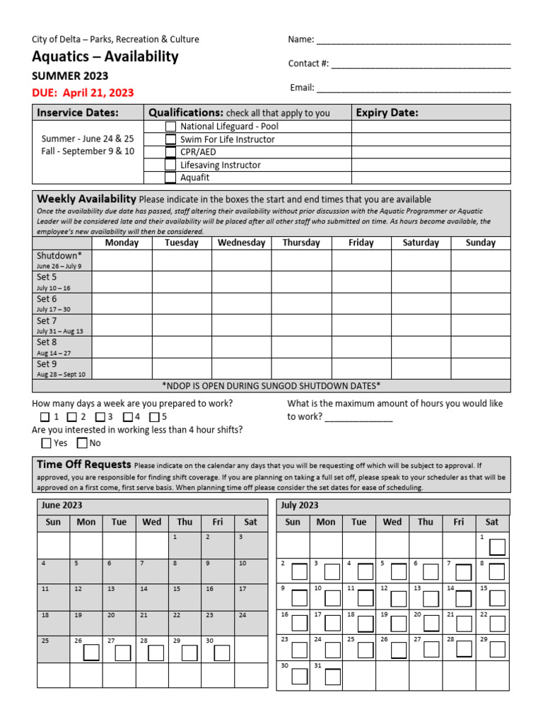 Delta Aquatics Summer 2023 Availability | PDF