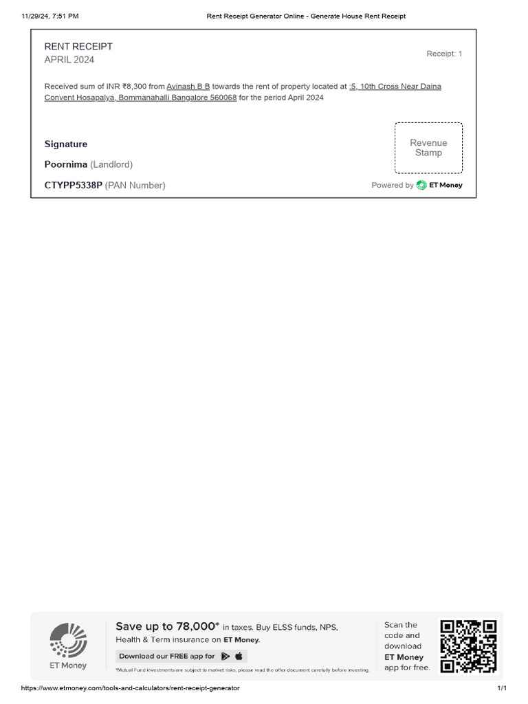 April 2024 Rent Receipt for Avinash B B | PDF
