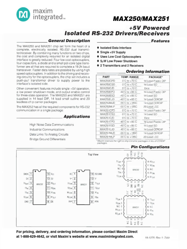 MAX250/MAX251 Data Sheet Overview | PDF