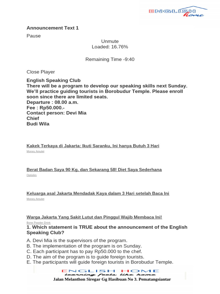 English Club and School Announcements | PDF