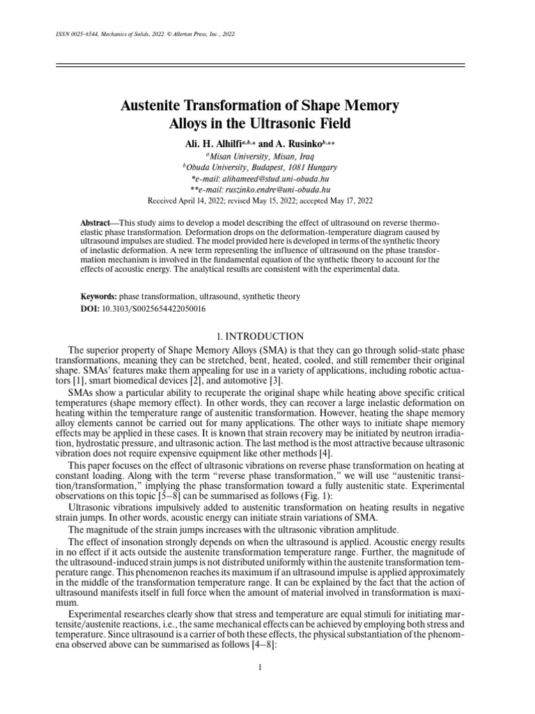 Austenite Transformation of Shape Memory Alloys in The Ultrasonic Field ...
