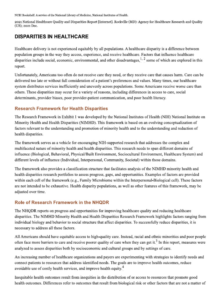 National Library of Medicine - Disparities in Healthcare | PDF