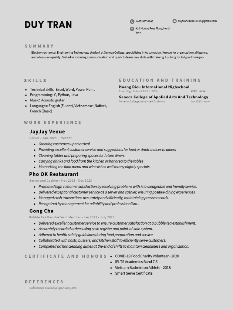 Duy Tran Resume 1 Pdf Waiting Staff Restaurants