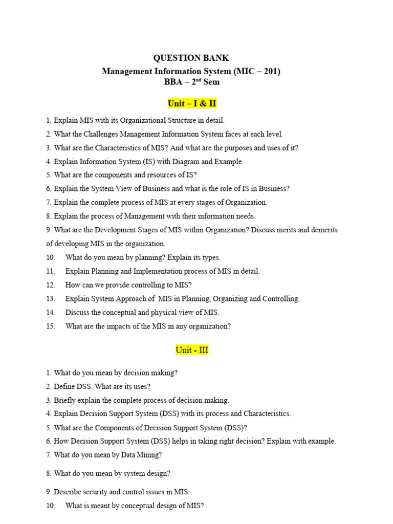 Unit Wise Question Bank for MIS | PDF | Databases | Osi Model