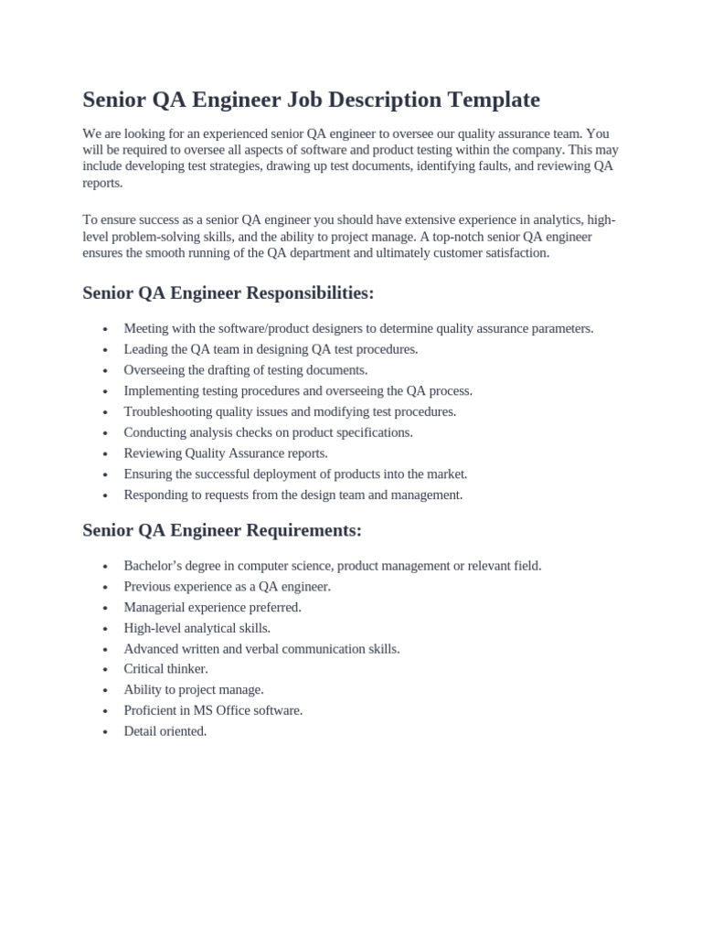 Senior QA Engineer Job Description Template | PDF