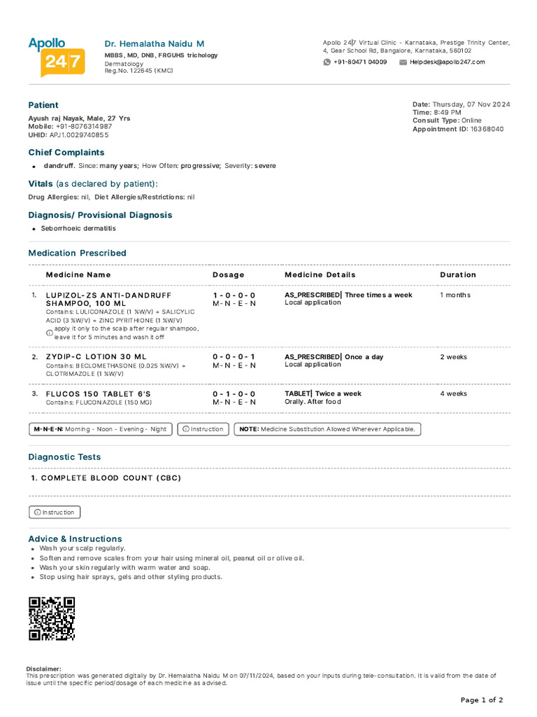 Apollo Prescription for Dandruff Treatment | PDF | Medicine | Clinical ...