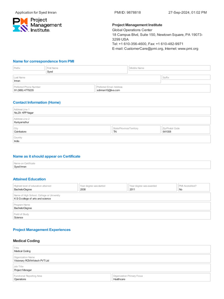 PMI Application for Syed Imran | PDF | Computing