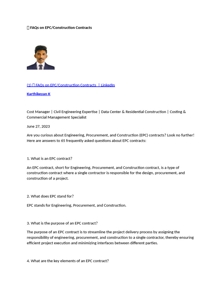 FAQs On EPC Construction Contracts | PDF | Employment | Insurance
