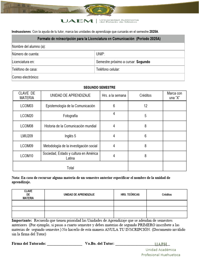 02 - Formato Reinscripción LCOM Segundo 2025A | PDF
