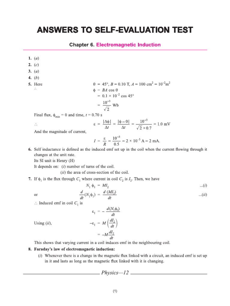 Cbse Cl12 Together With Physics Answers To Self-Evaluation Test CH 6 | PDF