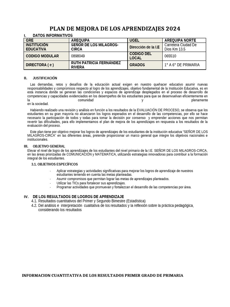 Plan de Mejora de Aprendizajes 2024 | PDF | Matemáticas | Geometría