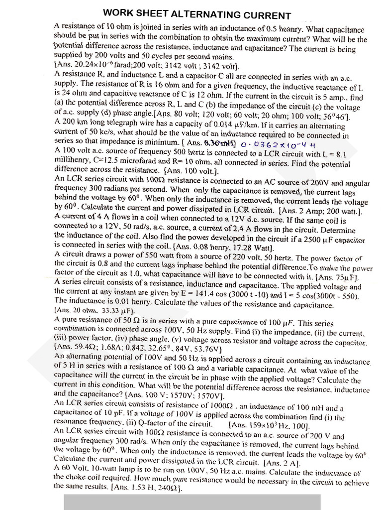 Alternating Current Worksheet | PDF