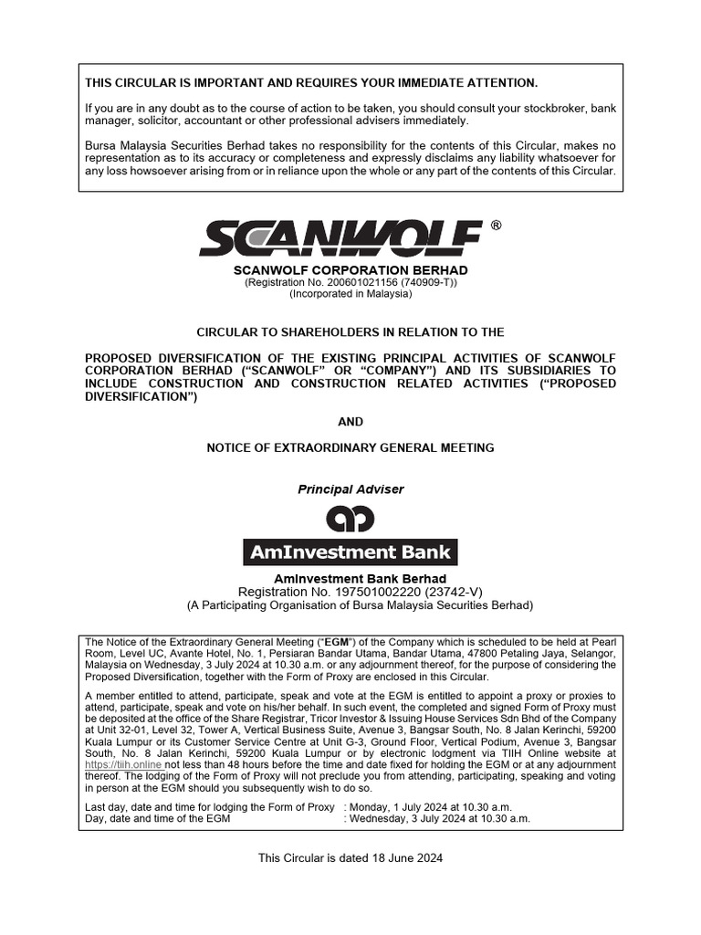Scanwolf Shareholders' EGM Notice | PDF | Business | Private Sector