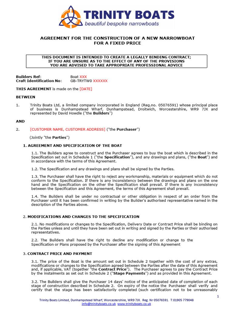 Narrowboat Construction Agreement Template | PDF | Insurance | Arbitration