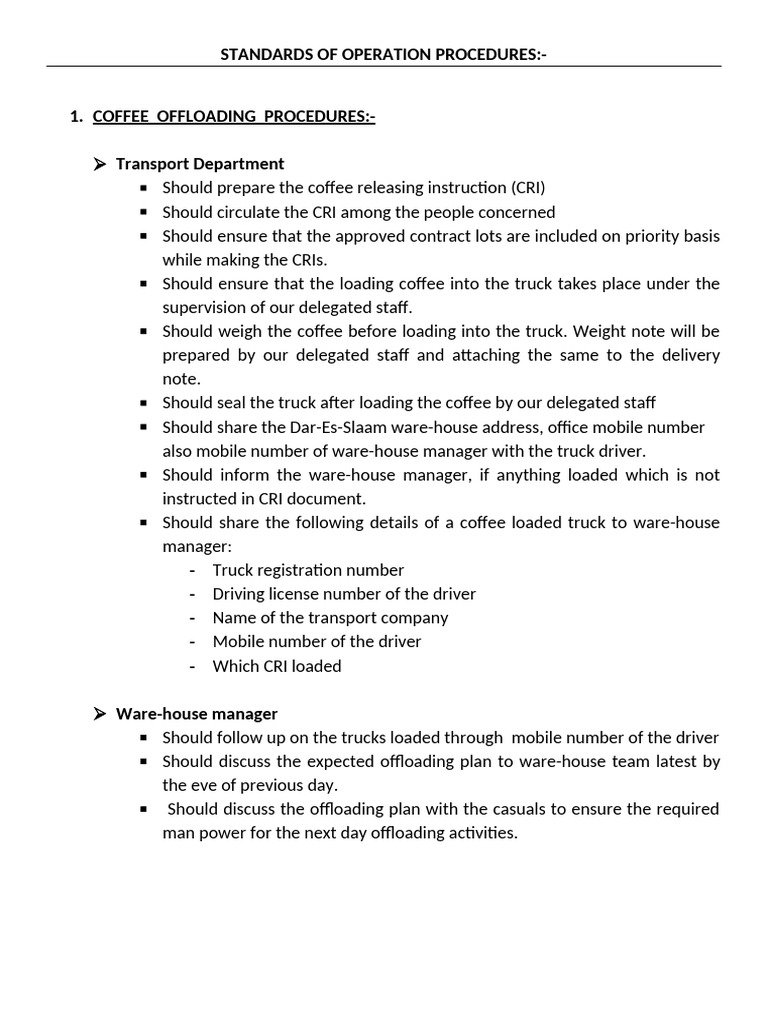 Coffee Offloading Procedures SOP | PDF | Truck