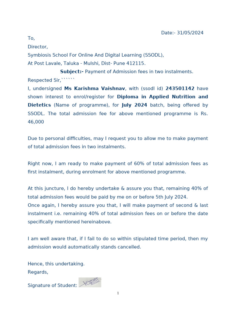 Undertaking For Payment of Admission Fees in Two Instalments | PDF