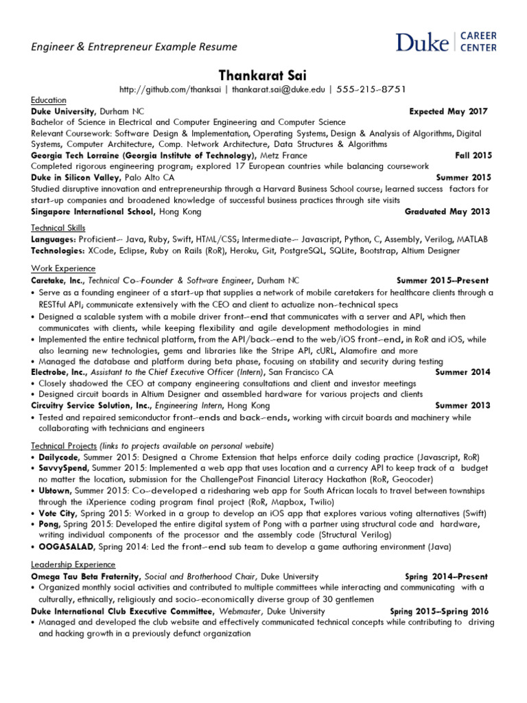 Engineering and Entrepreneurship - Example Resume - 6b1 | PDF ...
