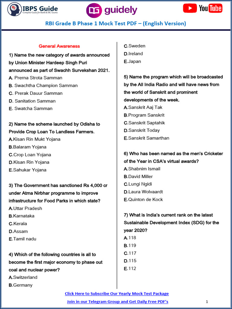 RBI Grade B Phase 1 Mock Test PDF (English Version) : General Awareness ...