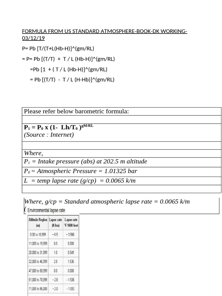 Standard Atmosphere Pressure Formula | PDF