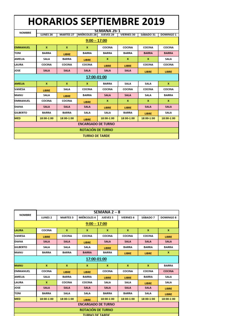Horarios de Turnos Septiembre 2019 | PDF