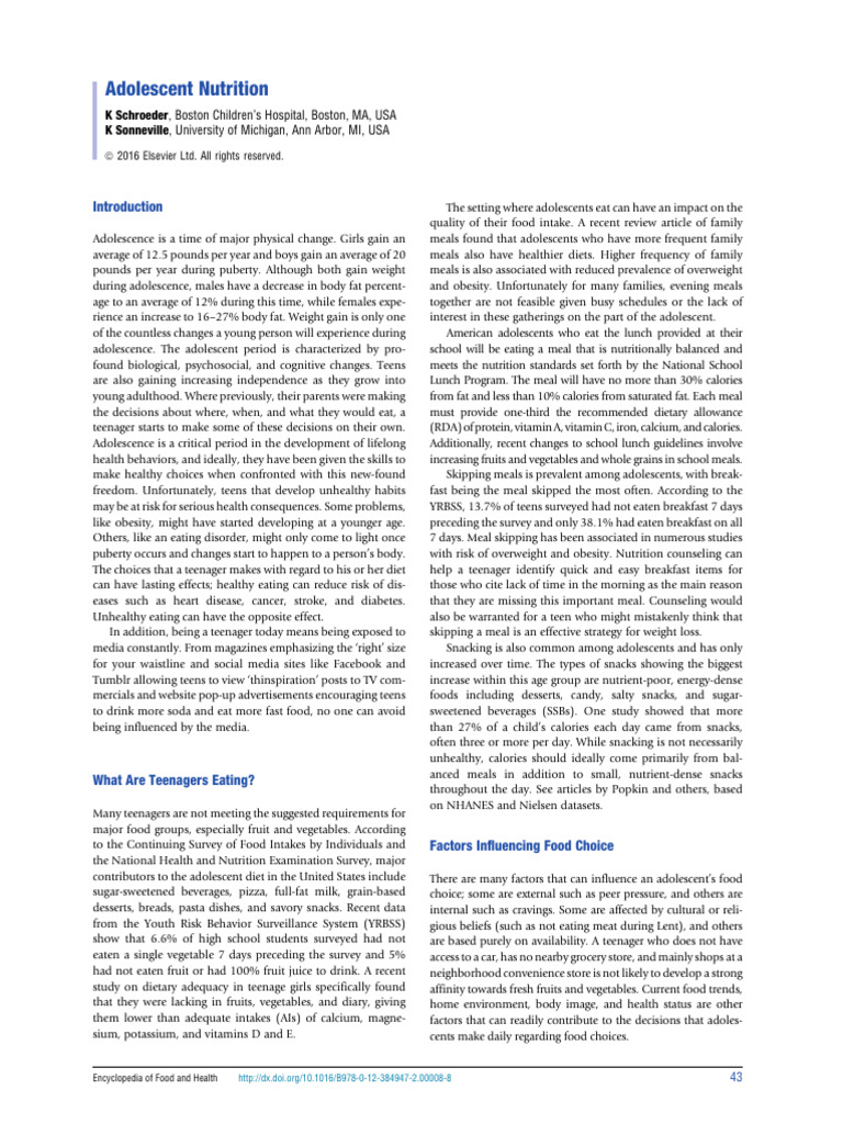 Adolescent Nutrition and Eating Habits | PDF | Obesity | Diet (Nutrition)